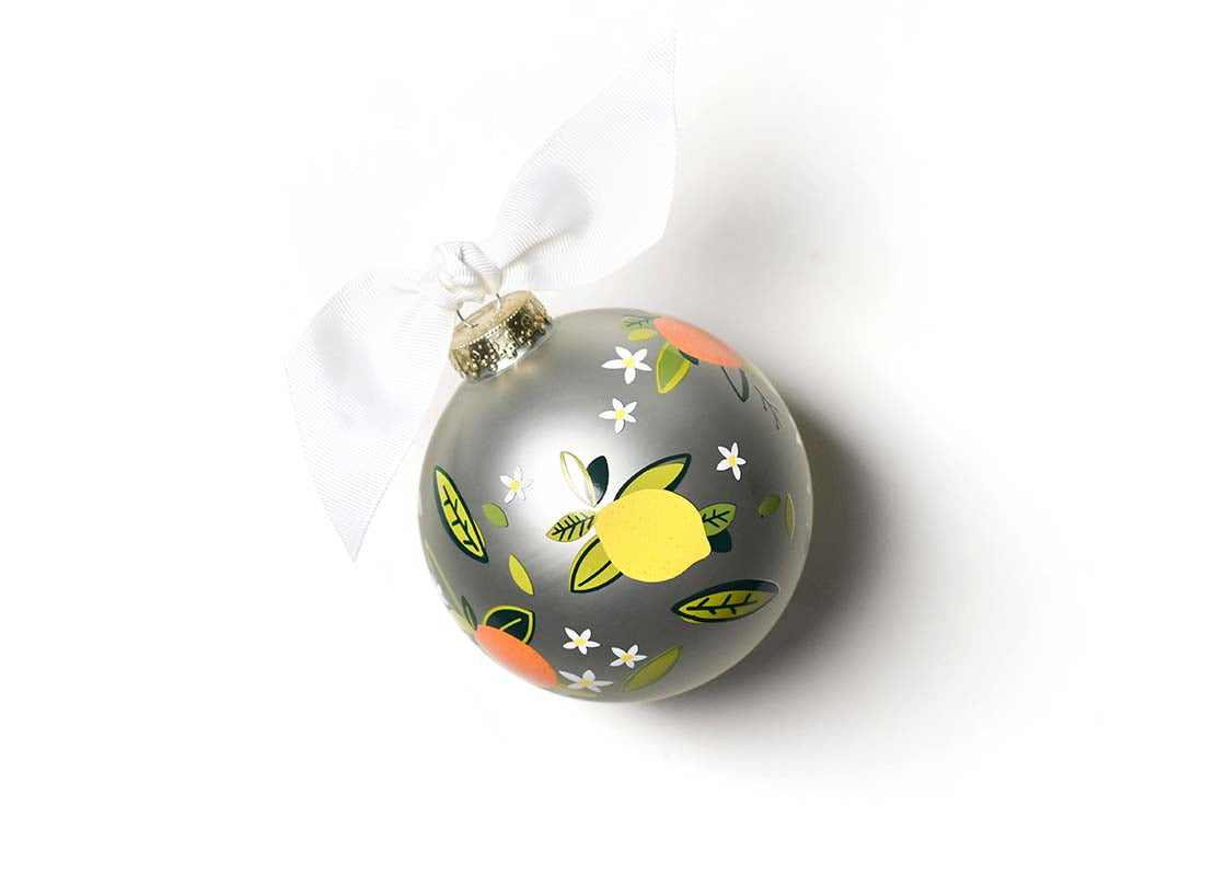 Back View of Blue Citrus Print Glass Ornament Showing Design Details