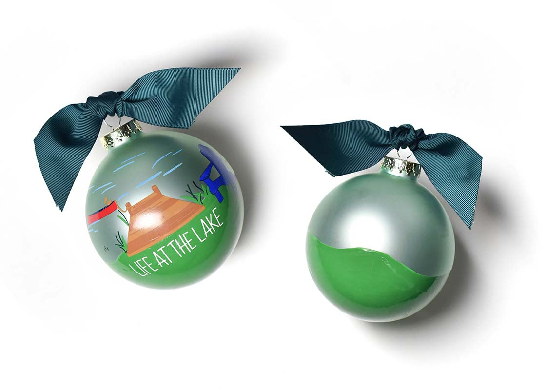 Front and Back View of Life at the Lake Glass Ornament Placed Side by Side