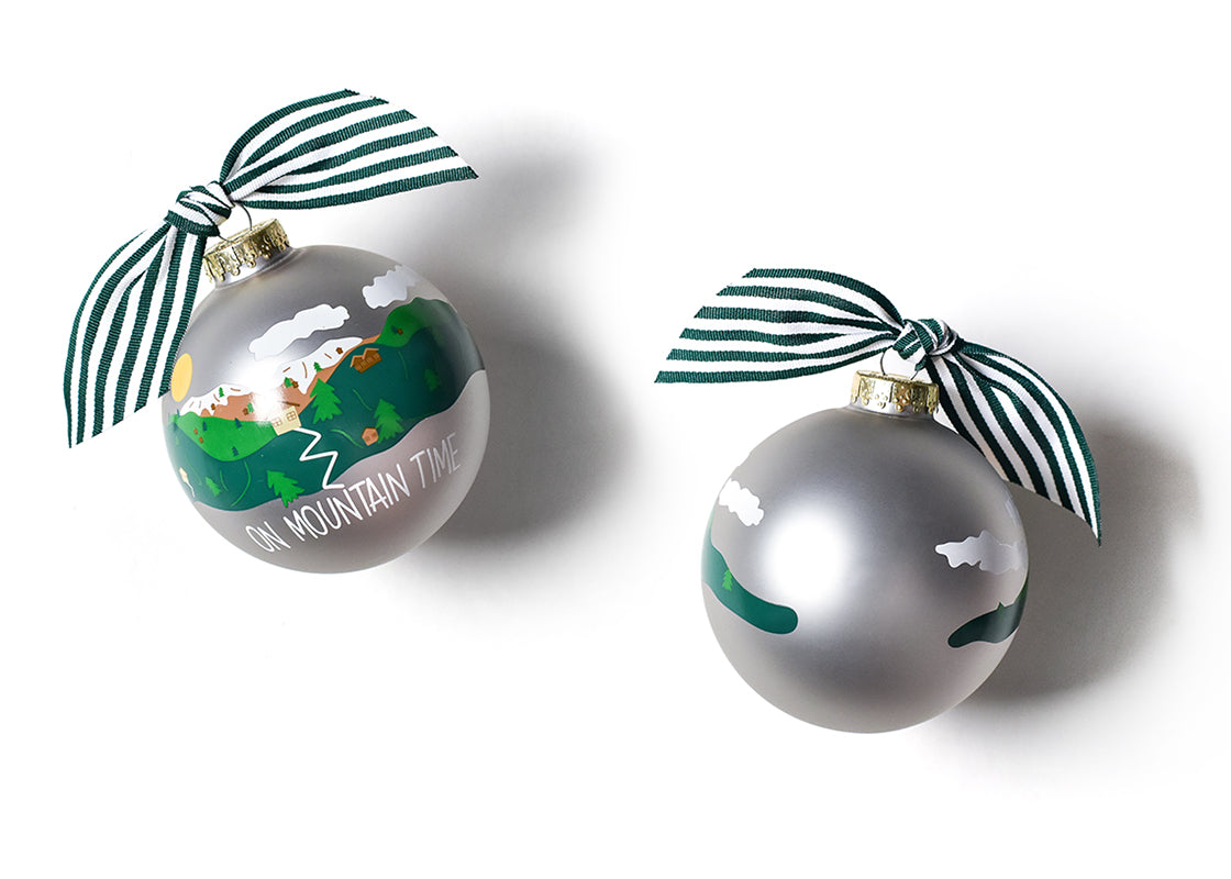 Front and Back View of On Mountain Time Glass Ornament Placed Side by Side
