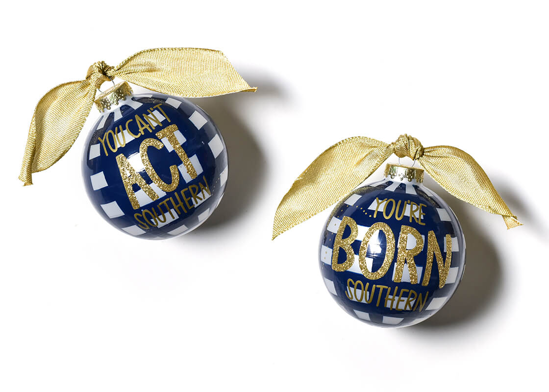 Front and Back View of Born Southern Glass Ornament Placed Side by Side