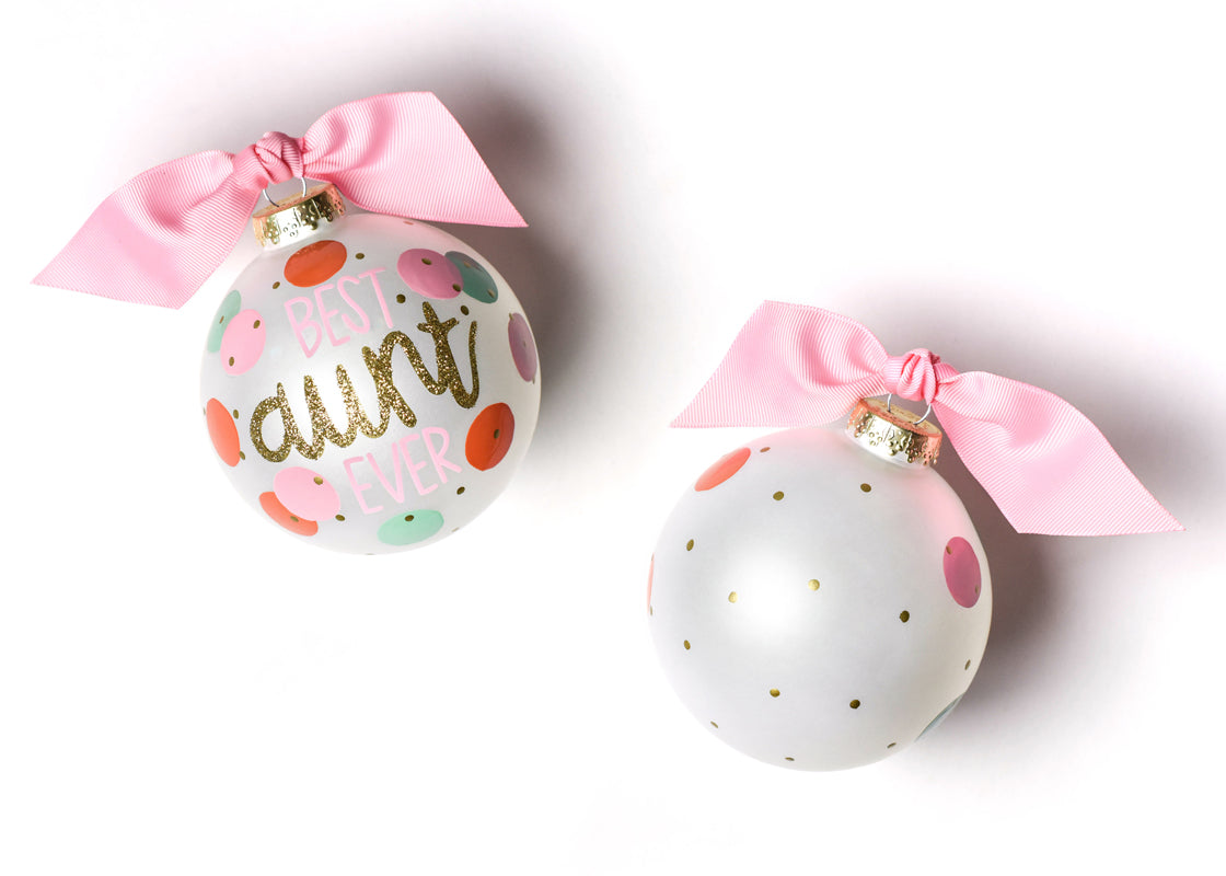 Front and Back View of Best Aunt Ever Glass Ornament Placed Side by Side
