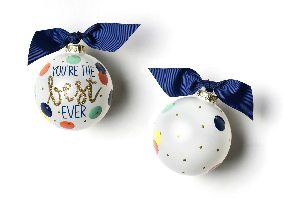 Front and Back View of Best Ever Glass Ornament Placed Side by Side