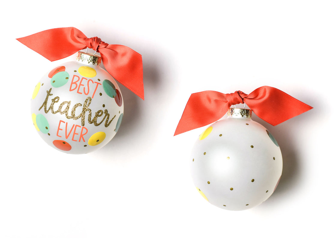 Front and Back View of Best Teacher Ever Glass Ornament Placed Side by Side