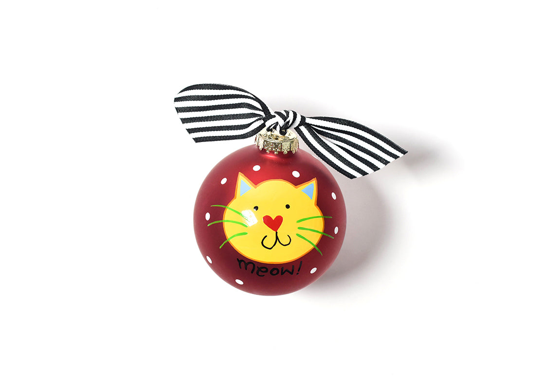 Front View of Red Meow Cat Glass Ornament