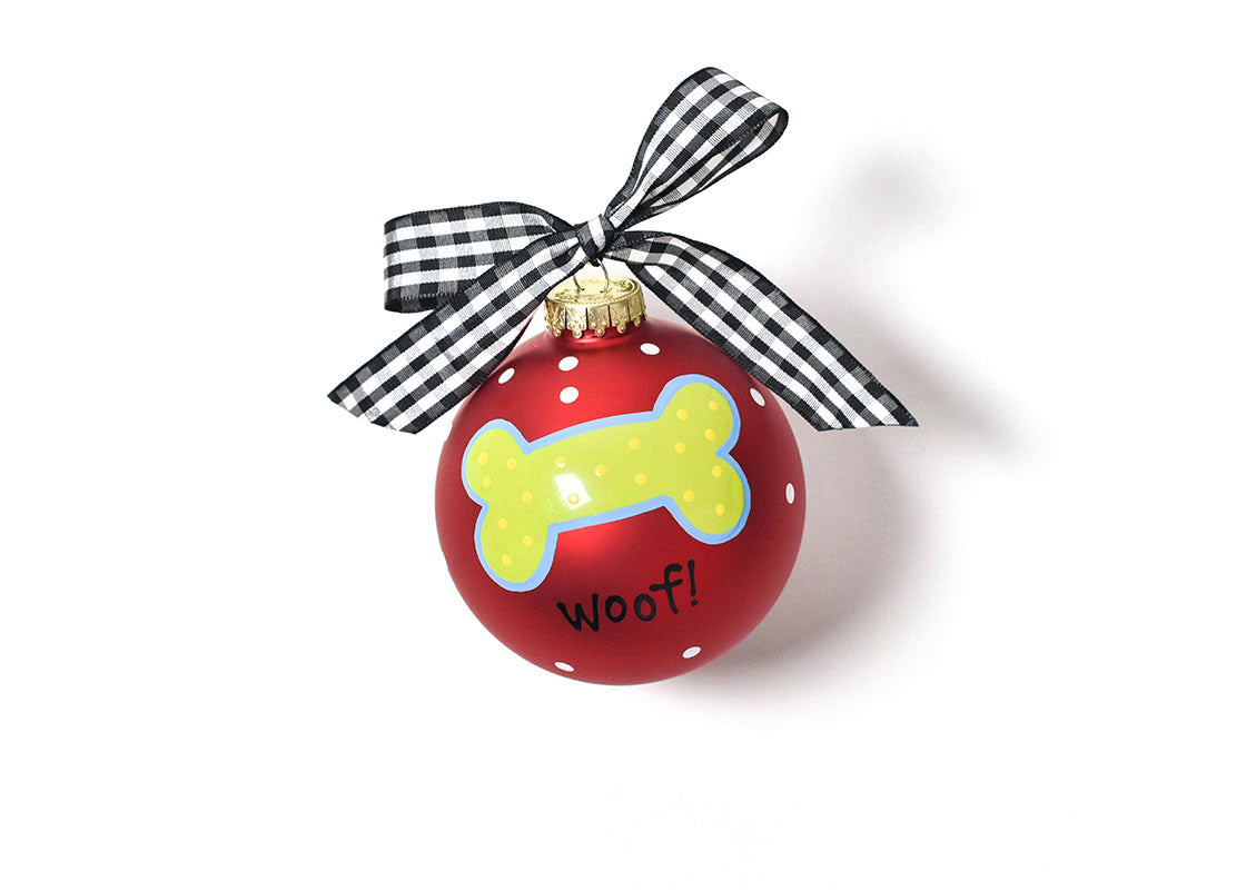 Black Writing Woof! on Woof Dog Bone Ornament