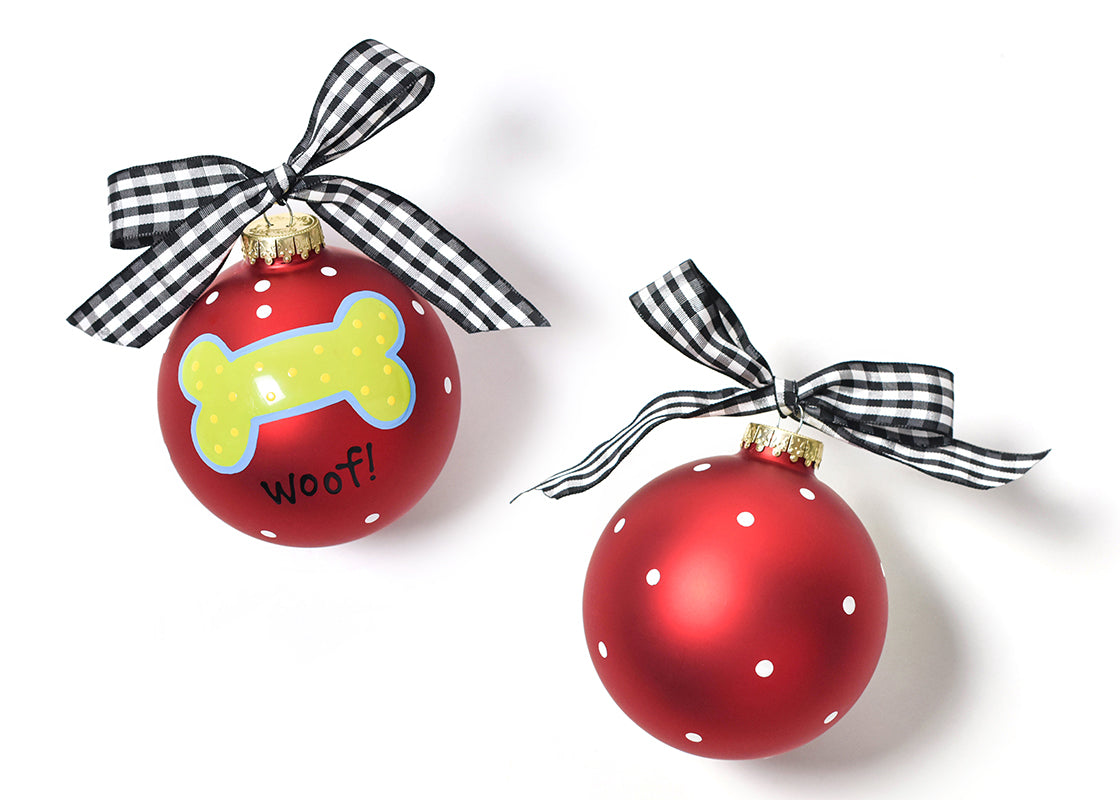 Front View of Red Woof Dog Bone Glass Ornament