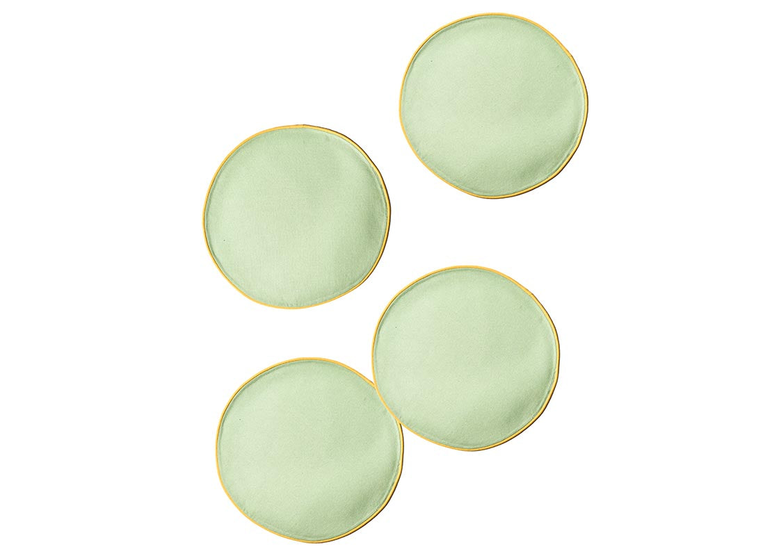 Overhead View of Sage and Brass Color Block Round Placemat Set of 4 Showing all Pieces in Set