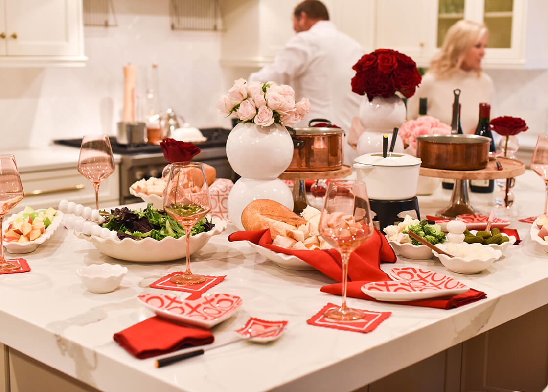 Cropped View of Signature White Ruffle Pasta Bowl in Valentine's Day Tablescape
