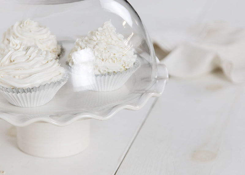 Glass Dome Over Display of Cupcakes on Cake Stand Signature White