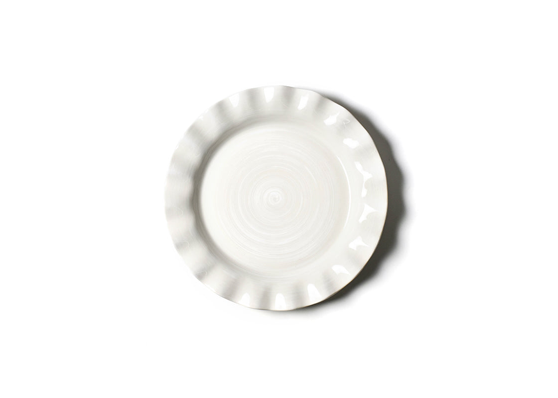 Overhead View of Signature White Ruffle Dinner Plate Showcasing Handcrafted Ruffled Edge
