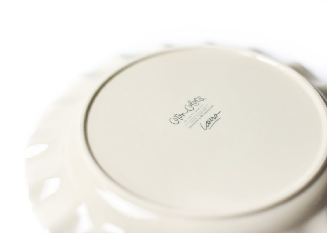 Overhead View of Ruffle Signature White Dinner Plate with Coordinating Coton Colors Designs
