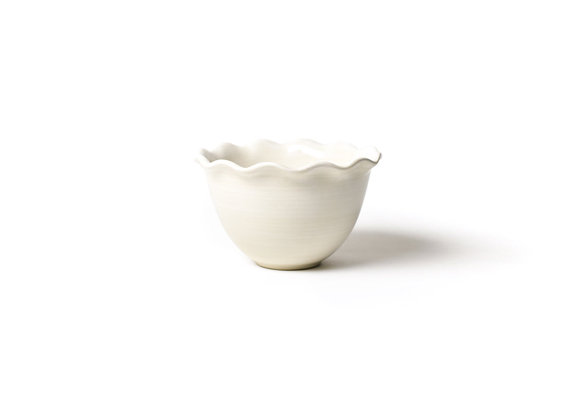 Front View of Signature White 6in Ruffle Bowl Showcasing Hand-Painted Brushstrokes on Outside