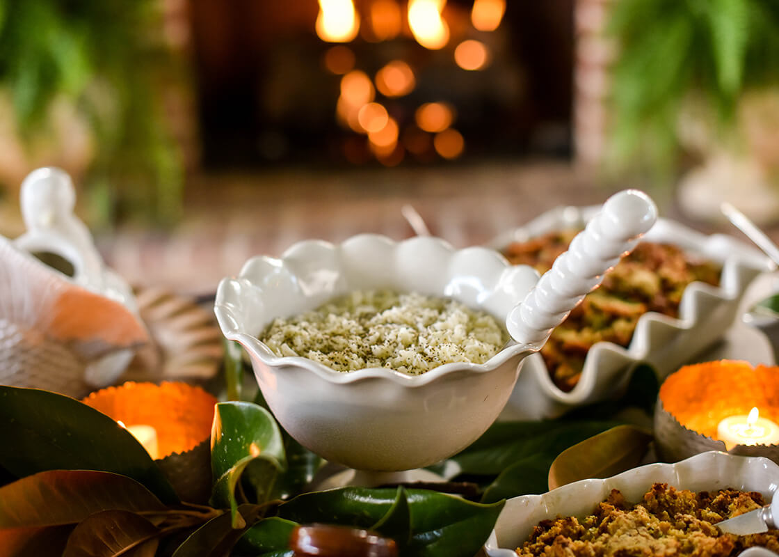 Cropped Close up of Signature White Ruffle Trifle Bowl on Thanksgiving Buffet