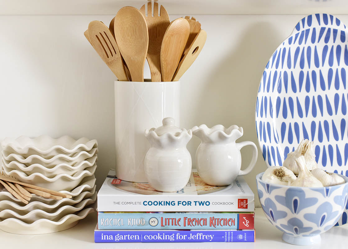 Front View of Coordinating Coton Colors Designs Including Ruffle Cream & Sugar Set in Signature White