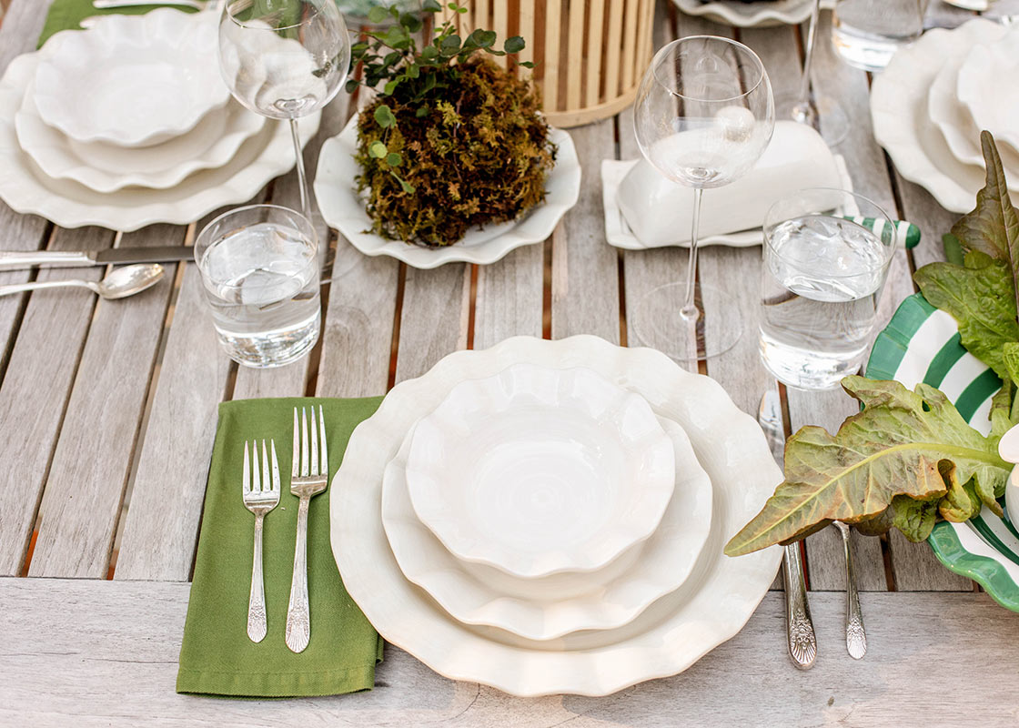 Overhead View of Casual Tablescape Including Signature White Ruffle Dinnerware and Domed Butter Dish