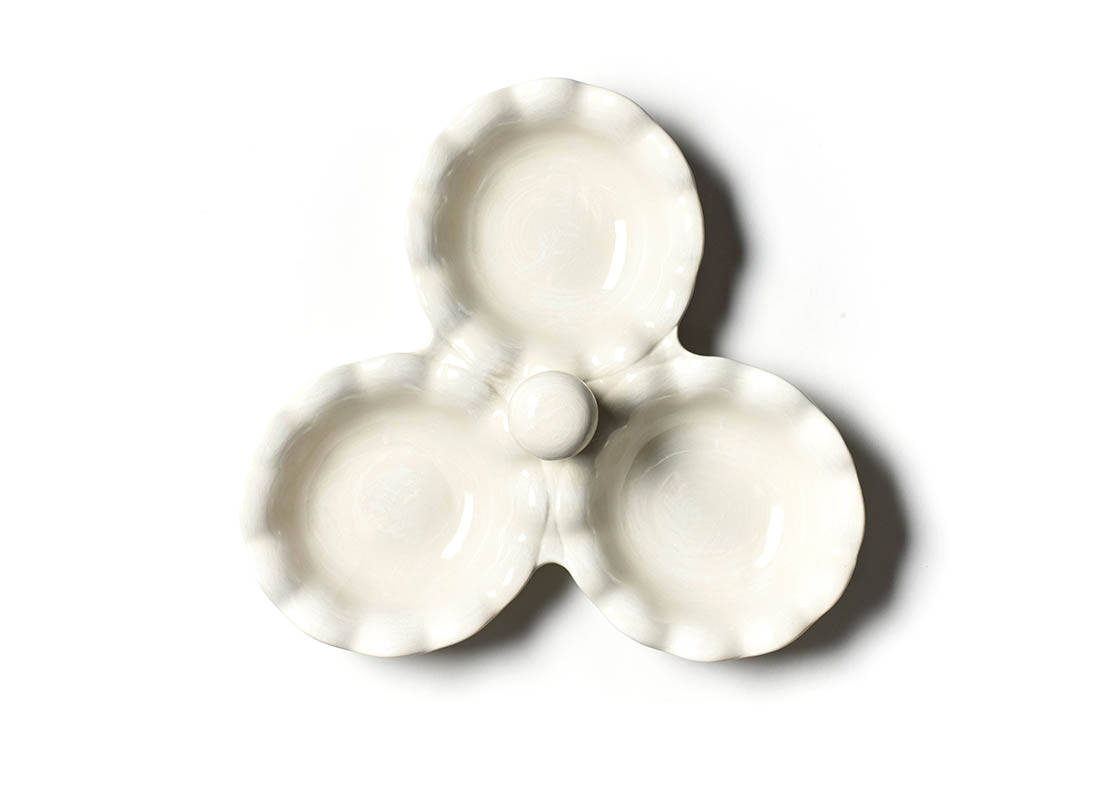 Interior view of Signature White Ruffle Three Bowl Server Showcasing Hand-Painted Subtle Brushstrokes
