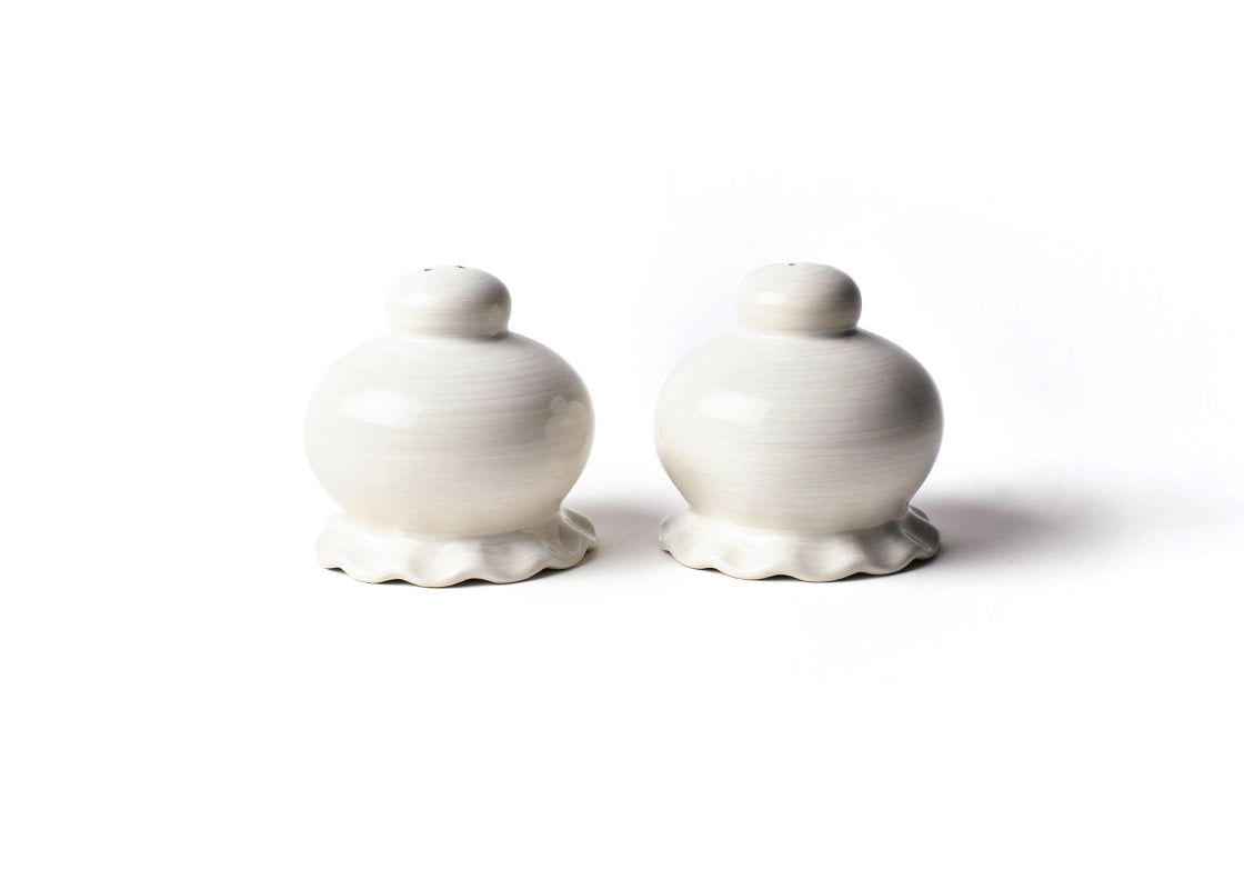 Front View of Signature White Ruffle Salt and Pepper Shaker Set Placed Side by Side Showing Subtle Hand-Painted Brush Strokes