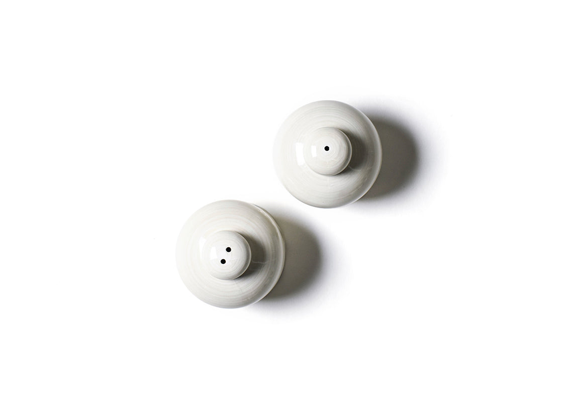 Overhead View of Signature White Ruffle Salt and Pepper Shaker Set Showcasing Unique Round Tops