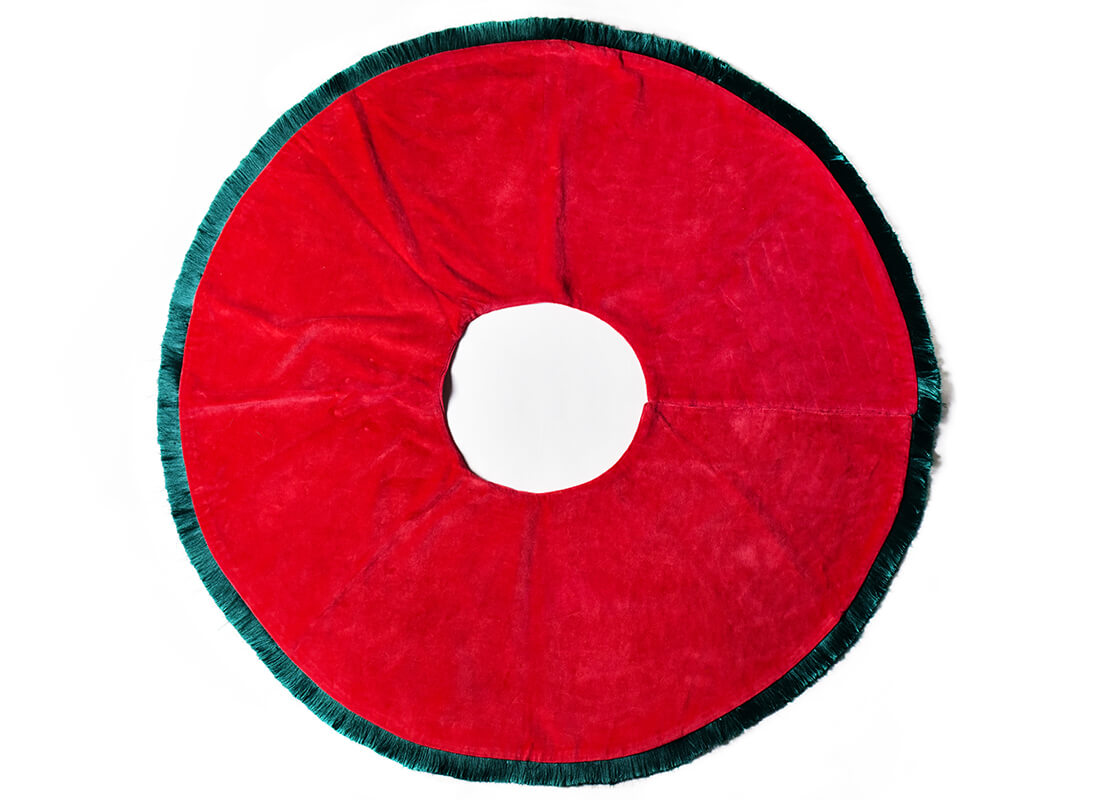 Overhead View of Fully Opened Red Velvet Tree Skirt with Trim Showing Complete Design