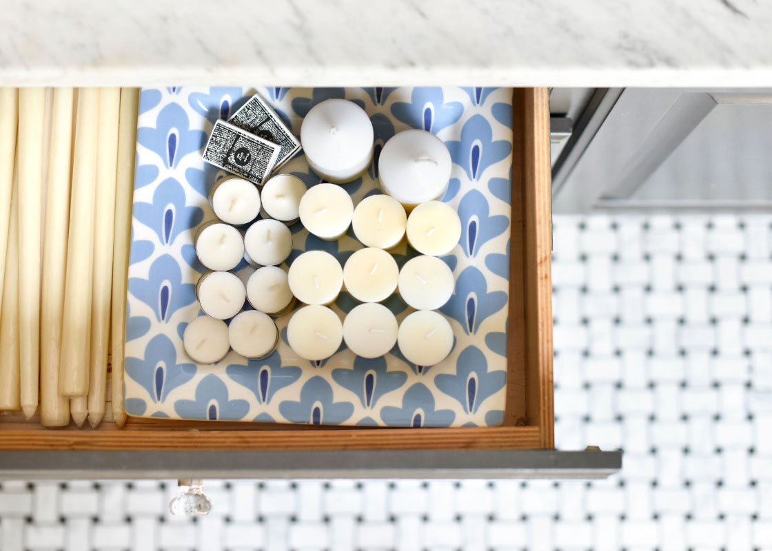 Overhead View of Clever Organization Solution Using Square Platter with Iris Blue Sprout Design