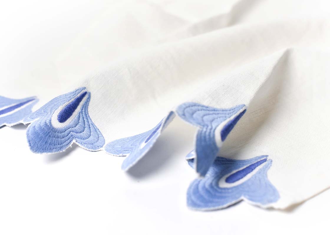 Cropped Close up of Embroidered Cutwork Edge on Crumpled Iris Blue Sprout Trim Medium Hand Towel Showcasing Beautiful Texture of Fabric