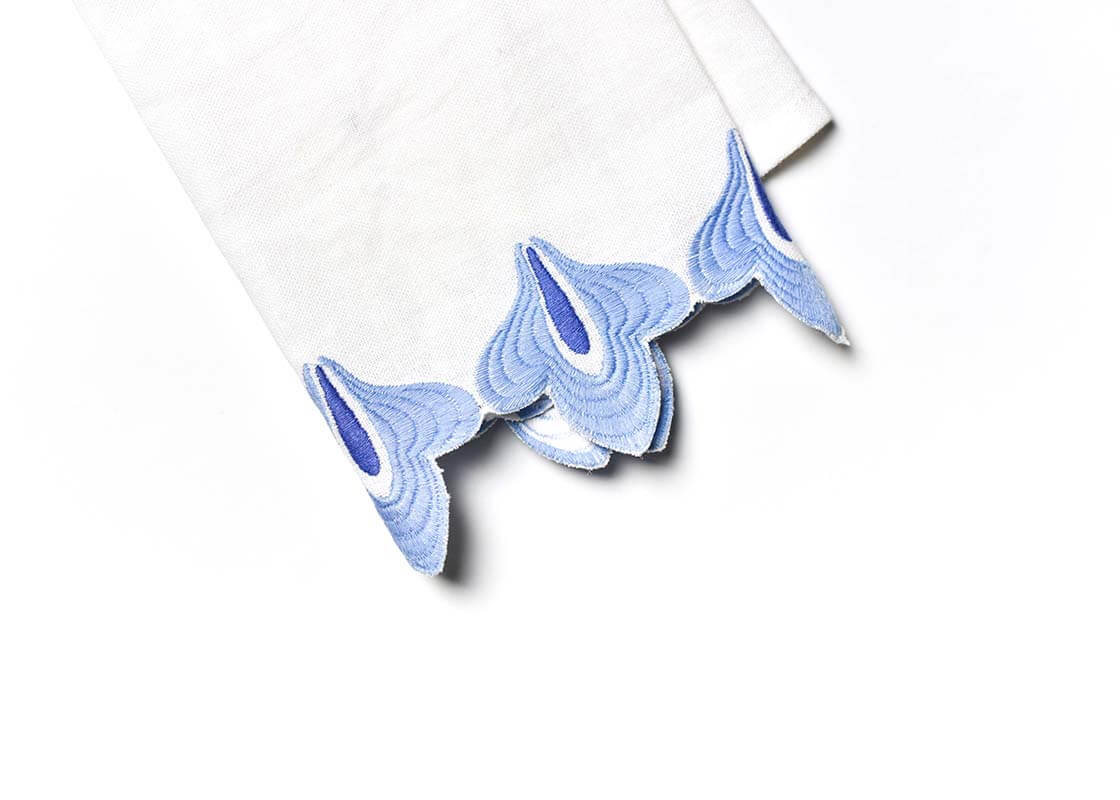 Cropped Close up of Embroidered Cutwork Edge on Folded Iris Blue Sprout Trim Medium Hand Towel Showcasing Beautiful Texture of Fabric