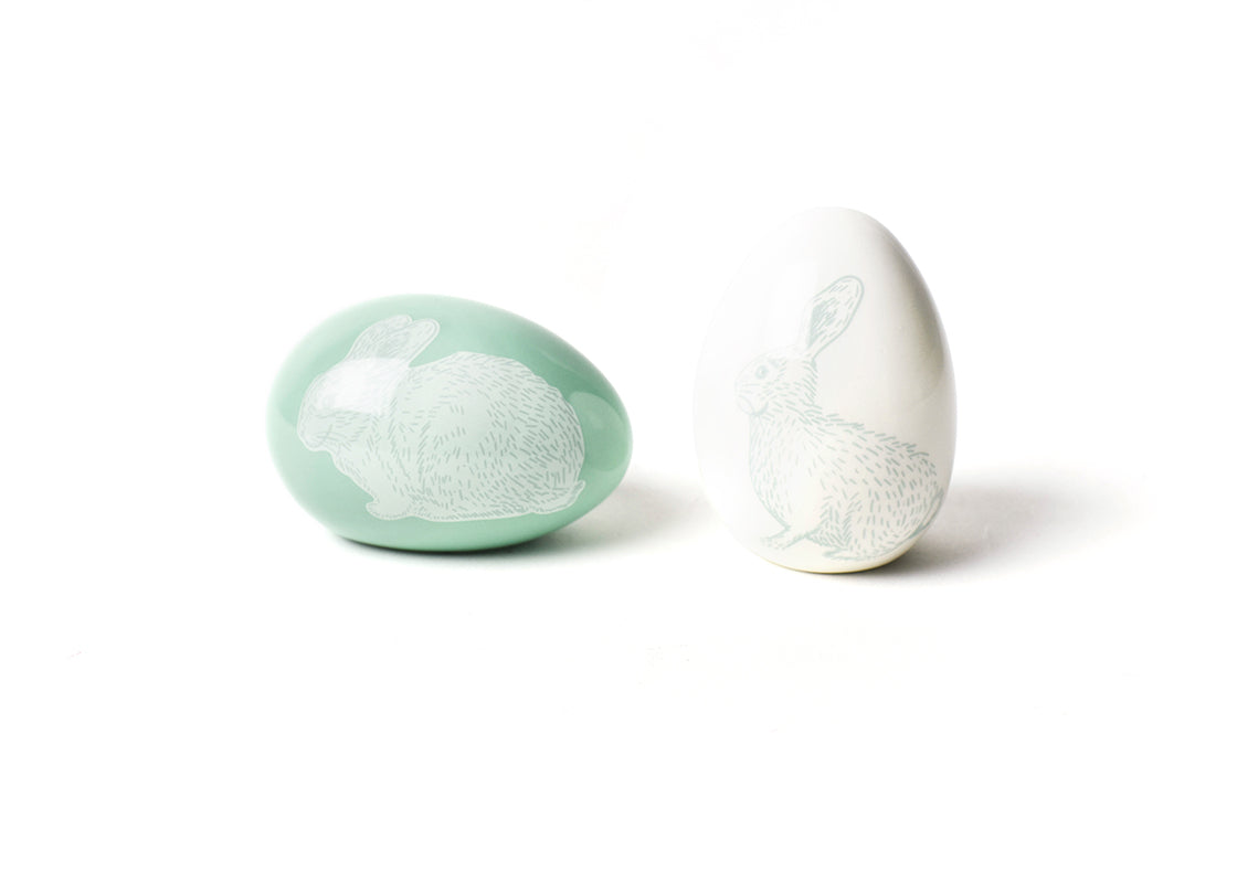 Front View of Side By Side Speckled Rabbit Eggs Set of 2 Showing all Pieces in Set