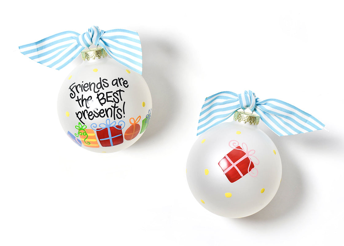 Front and Back View of Friends are the Best Presents Glass Ornament Placed Side by Side