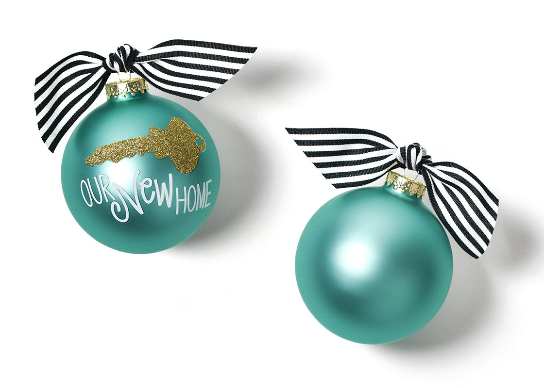 Front and Back View of Key to Our New Home Glass Ornament Placed Side by Side
