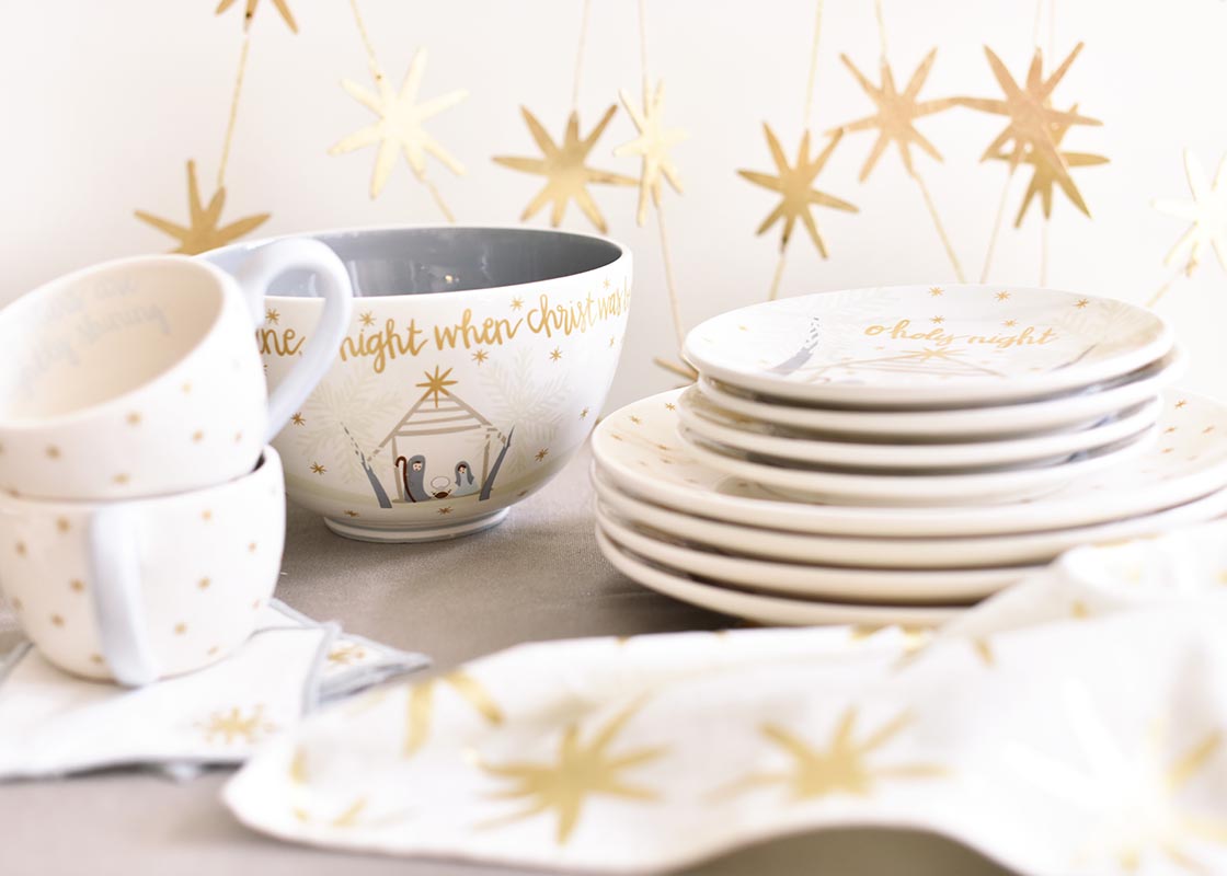 Front View of Coordinating Nativity Serveware with Dinnerware Gold Star Design