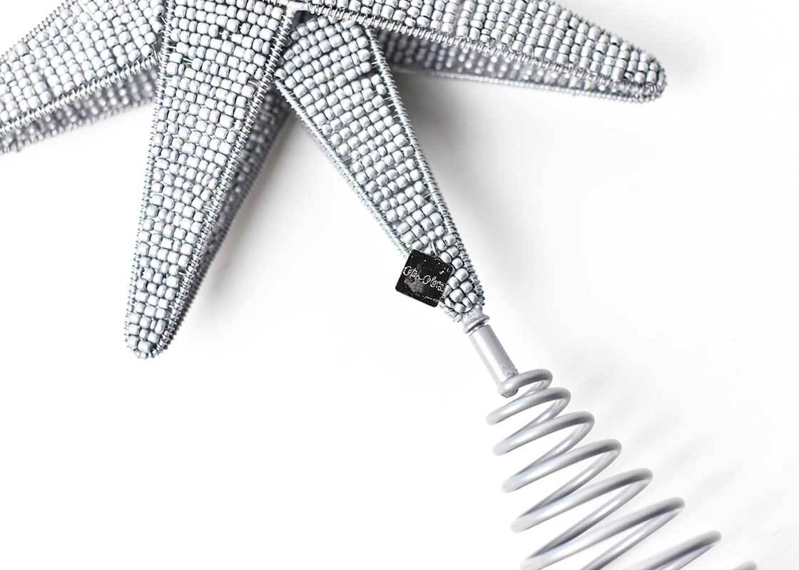 Cropped Close up of Detailed Beading and Spiral Holder on Silver Beaded Star Large Tree Topper