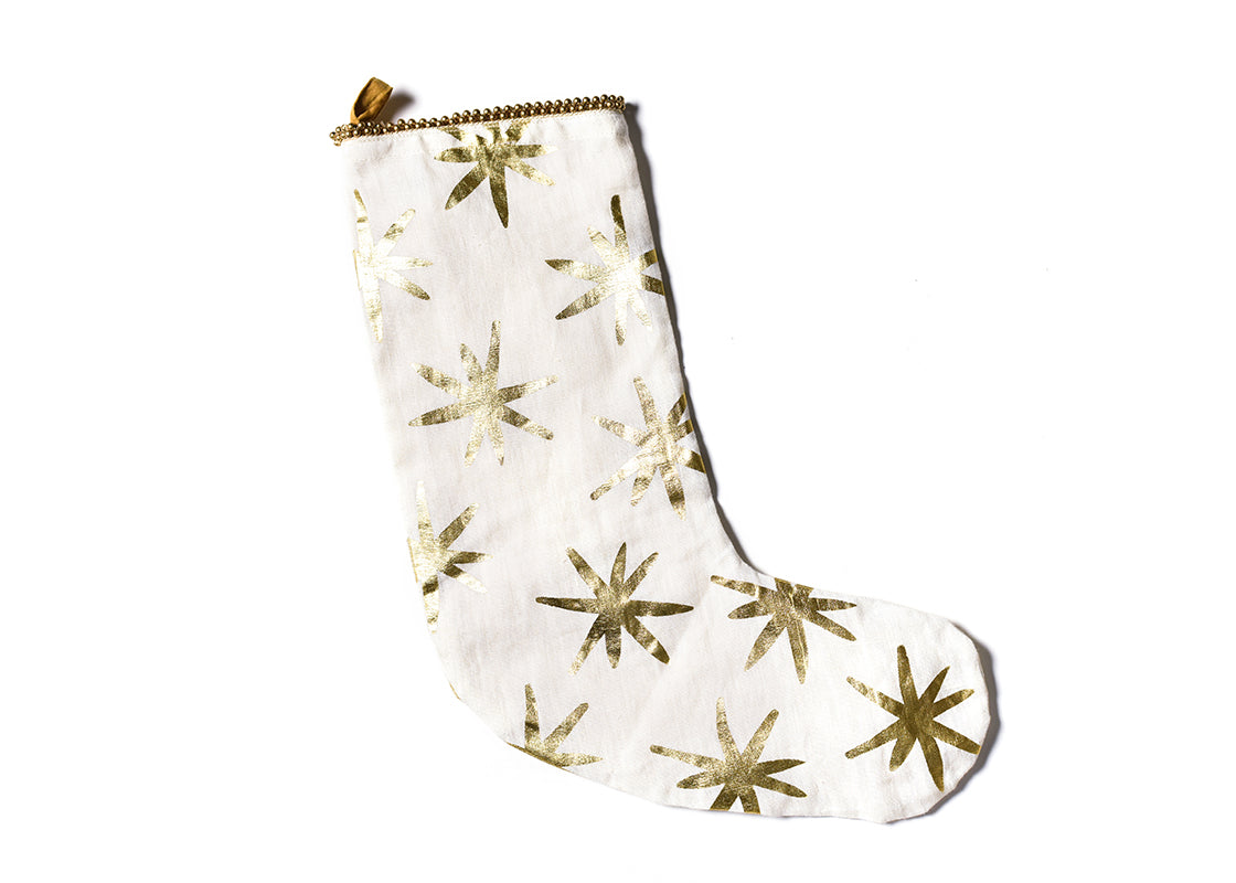 Overhead View of Gold Stars Stocking with Beaded Trim