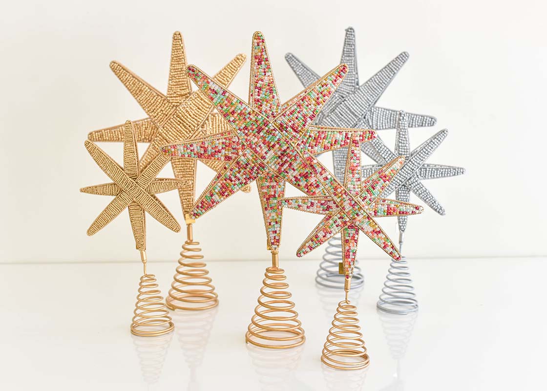 Front View of Assorted Coton Colors Tree Decor Including Gold Beaded Star Small Tree Topper