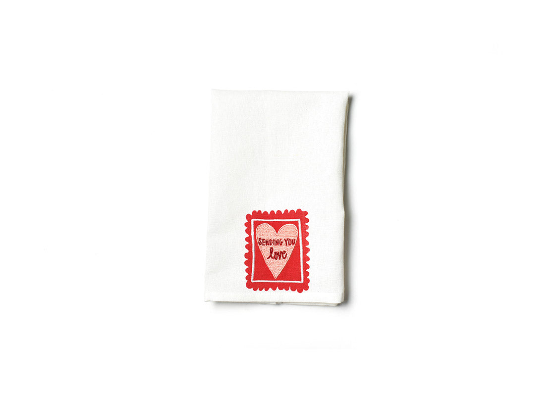 Overhead View of Stamp of Love Medium Hand Towel Showing Design when Folded