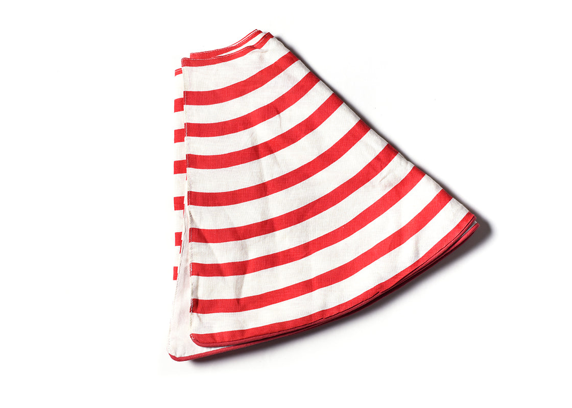 Overhead View of Folded Red Stripe Tree Skirt Showing Closer View of Design Details