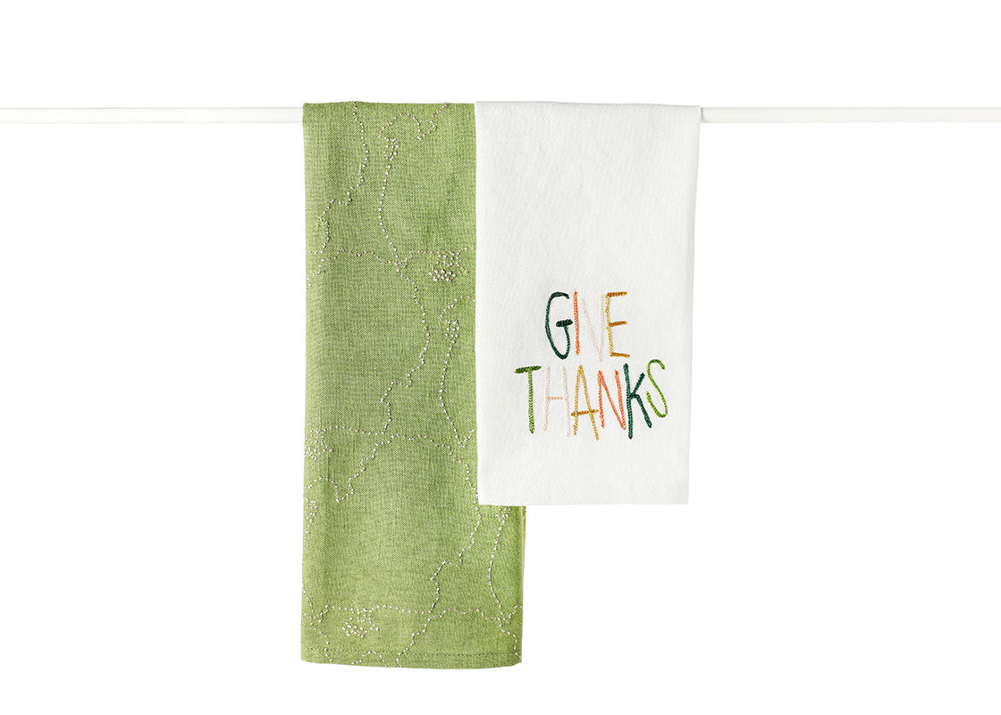 Front View of Folded Thanksgiving Hand Towels Set of 2 Layered and Hung on Towel Rod to Inspire