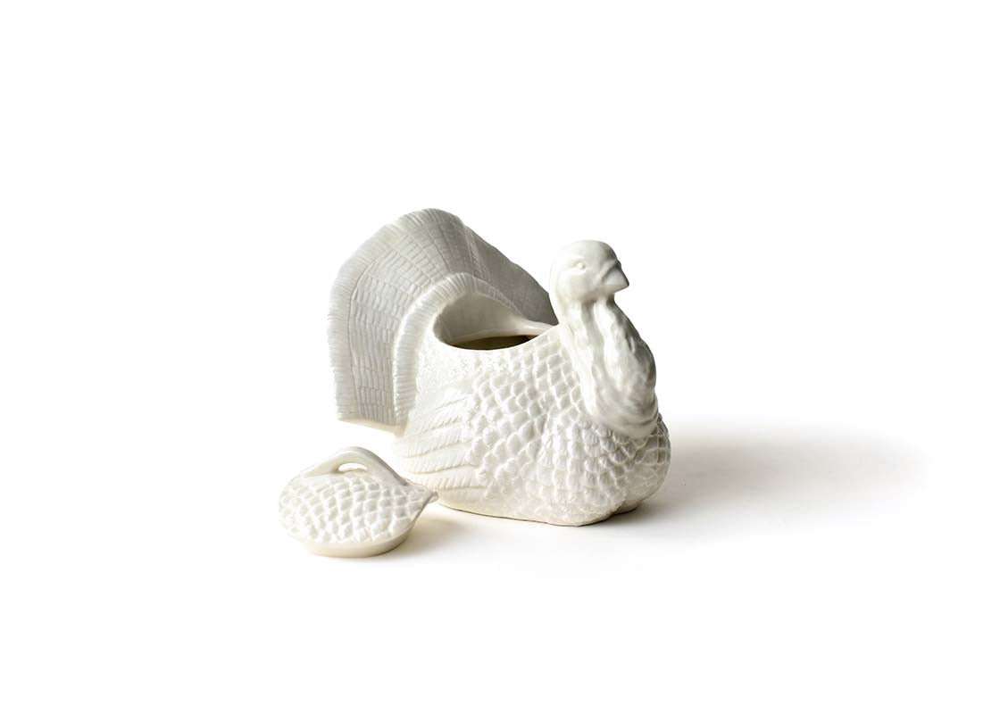 Left Side View of Turkey Covered Bowl with Lid Removed Allowing a Peek Inside