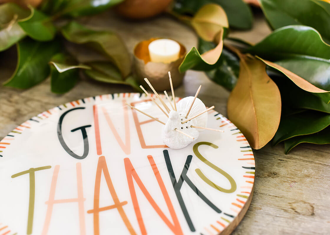 Front View of Turkey Toothpick Holder on Thanksgiving Buffet