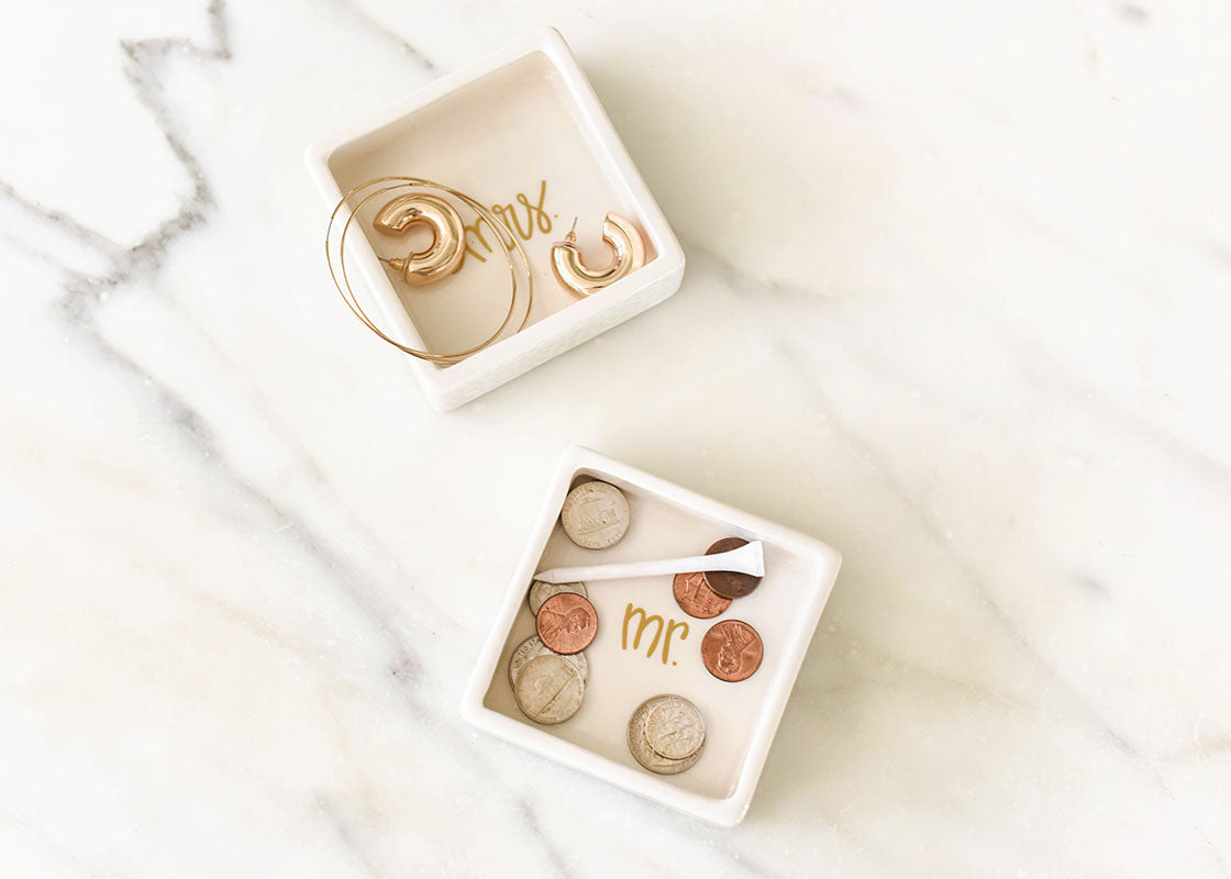 Overhead View of Square Trinket Bowls with Mr. and Mrs. Gold Lettering with Trinkets Placed Inside