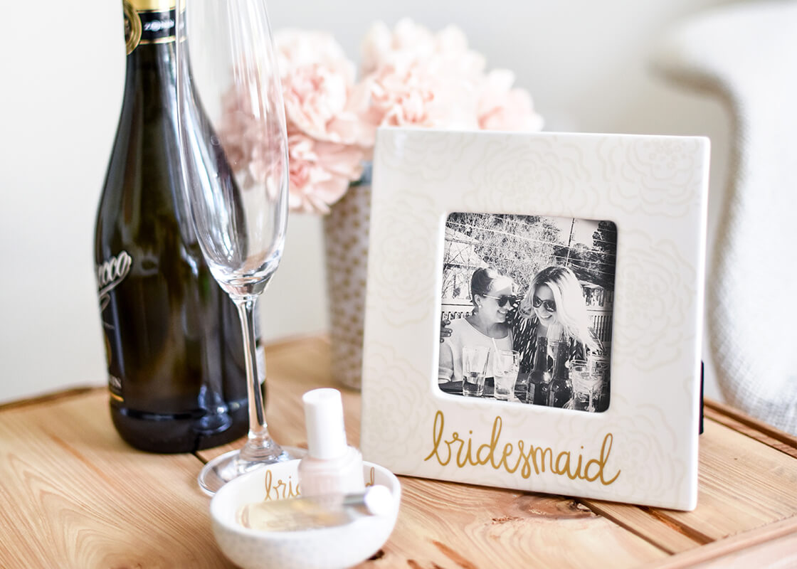 Front View of Ecru Floral Bridesmaid Square Frame with Coordinating Designs on Side Table