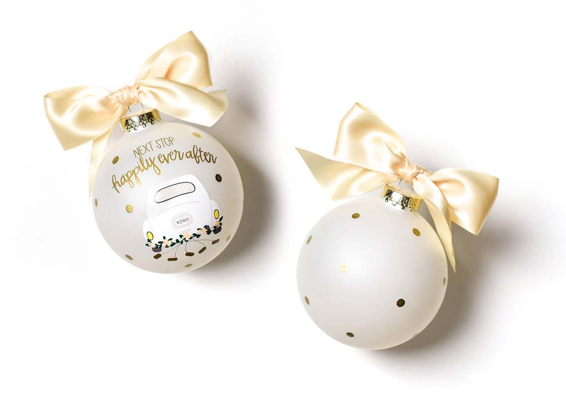 Front and Back View of Next Stop Happily Ever After Glass Ornament Placed Side by Side