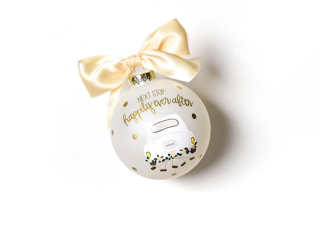 Front View of Next Stop Happily Ever After Glass Ornament