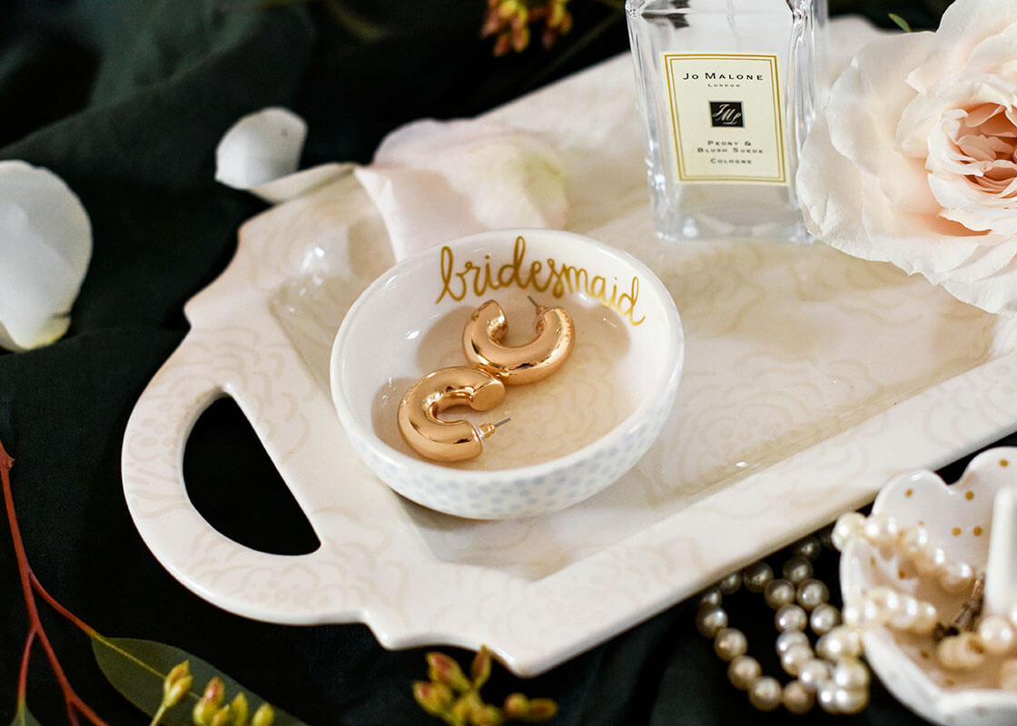 Cropped Close up of Bridesmaid Round Trinket Bowl with Ecru Notched Tray