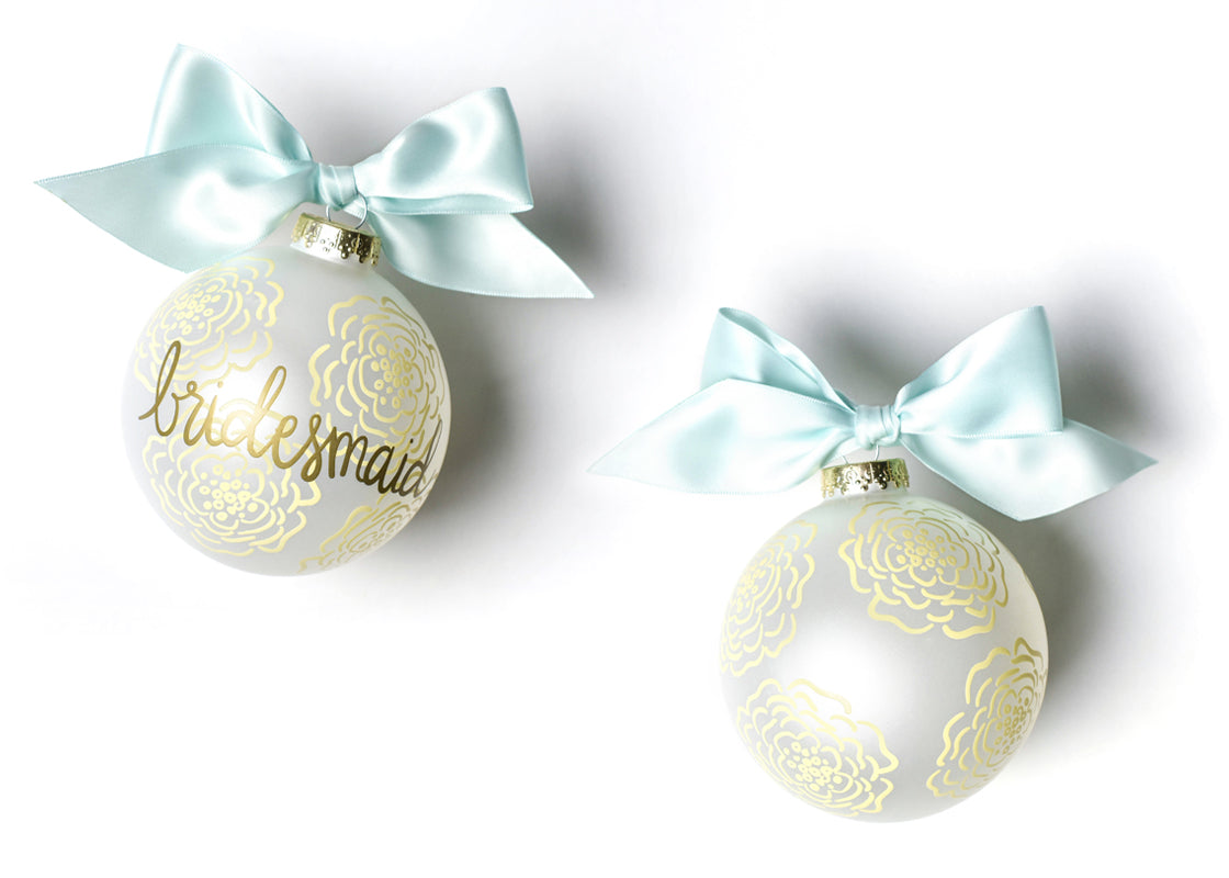 Front and Back View of Floral Bridesmaid Glass Ornament Placed Side by Side