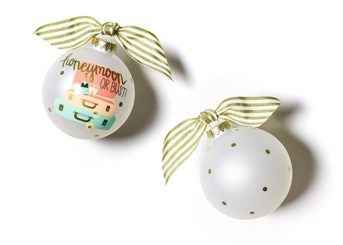Front and Back View of Honeymoon or Bust Glass Ornament Placed Side by Side