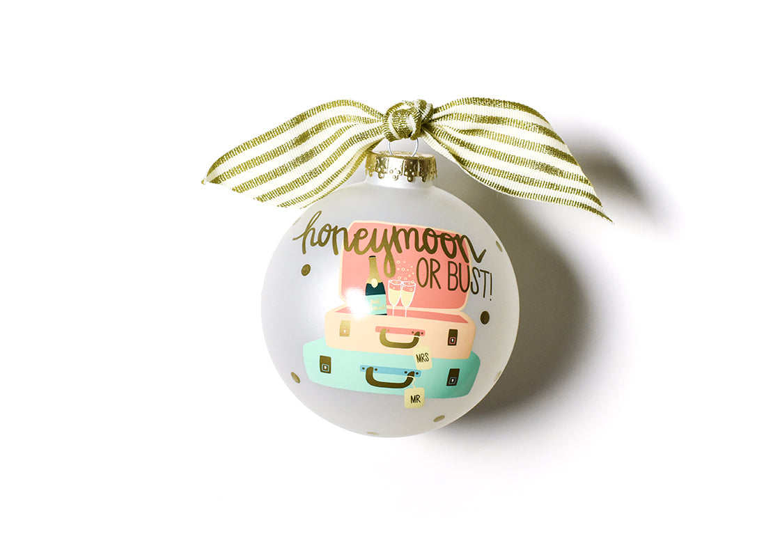 Front View of Honeymoon or Bust Glass Ornament