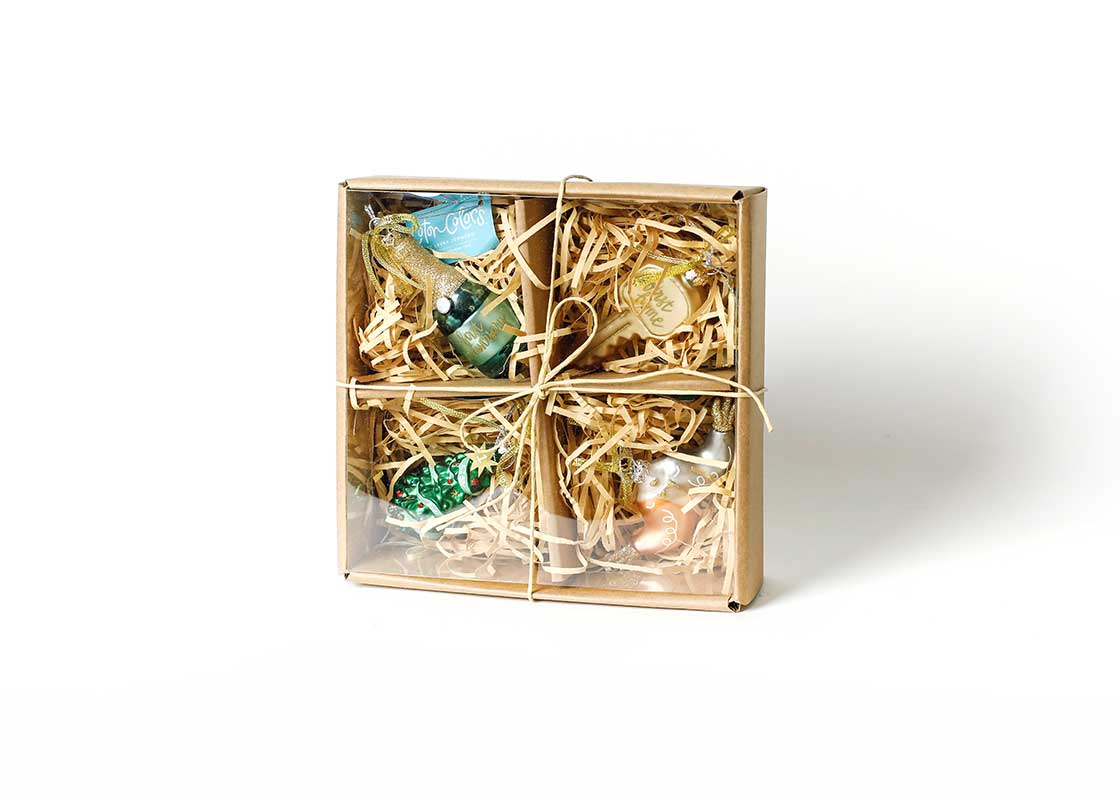 Right Side View of Newlywed First Milestones Glass Ornaments Set of 4 in Easy to Gift Packaging