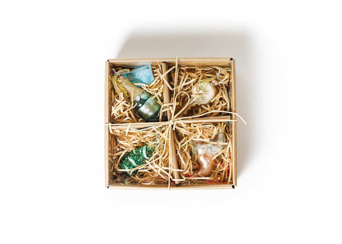 Front View of Packaged Newlywed First Milestones Glass Ornaments Set of 4 in Easy to Gift Packaging