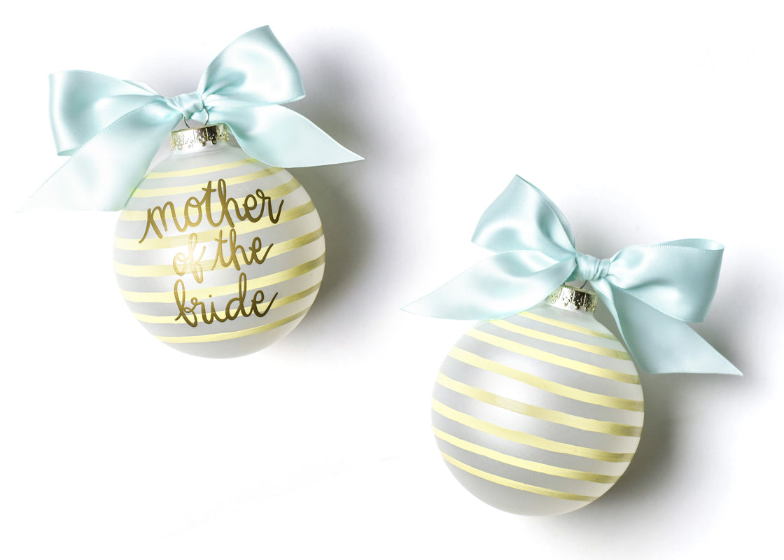 Front and Back View of Stripe Mother of the Bride Glass Ornament Placed Side by Side