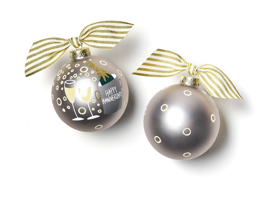 Front and Back View of Happy Anniversary Glass Ornament Placed Side by Side
